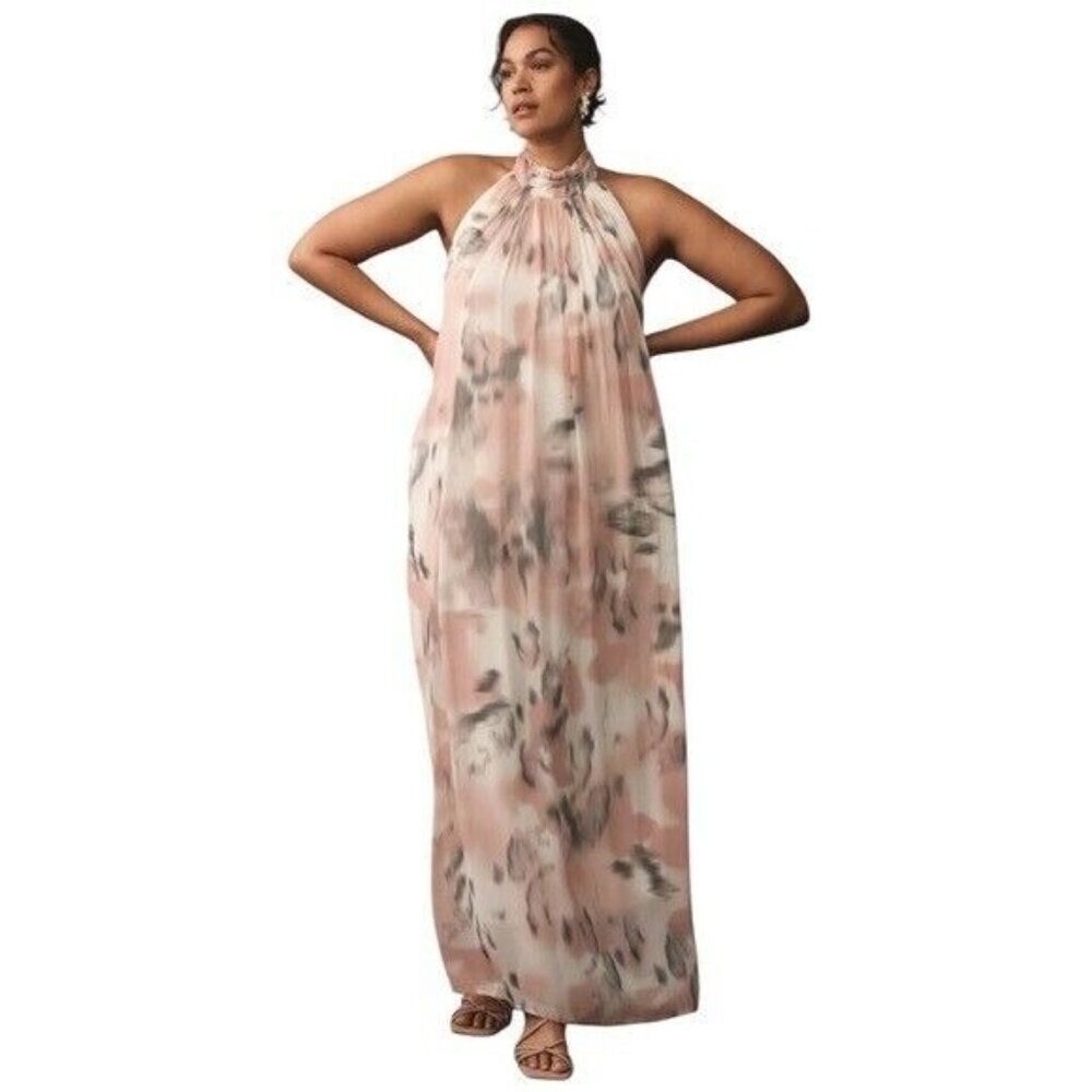 ANTHROPOLOGIE Maeve Sheer Printed Halter Maxi Dress Open Back Size 1X NEW - Picture 6 of 16